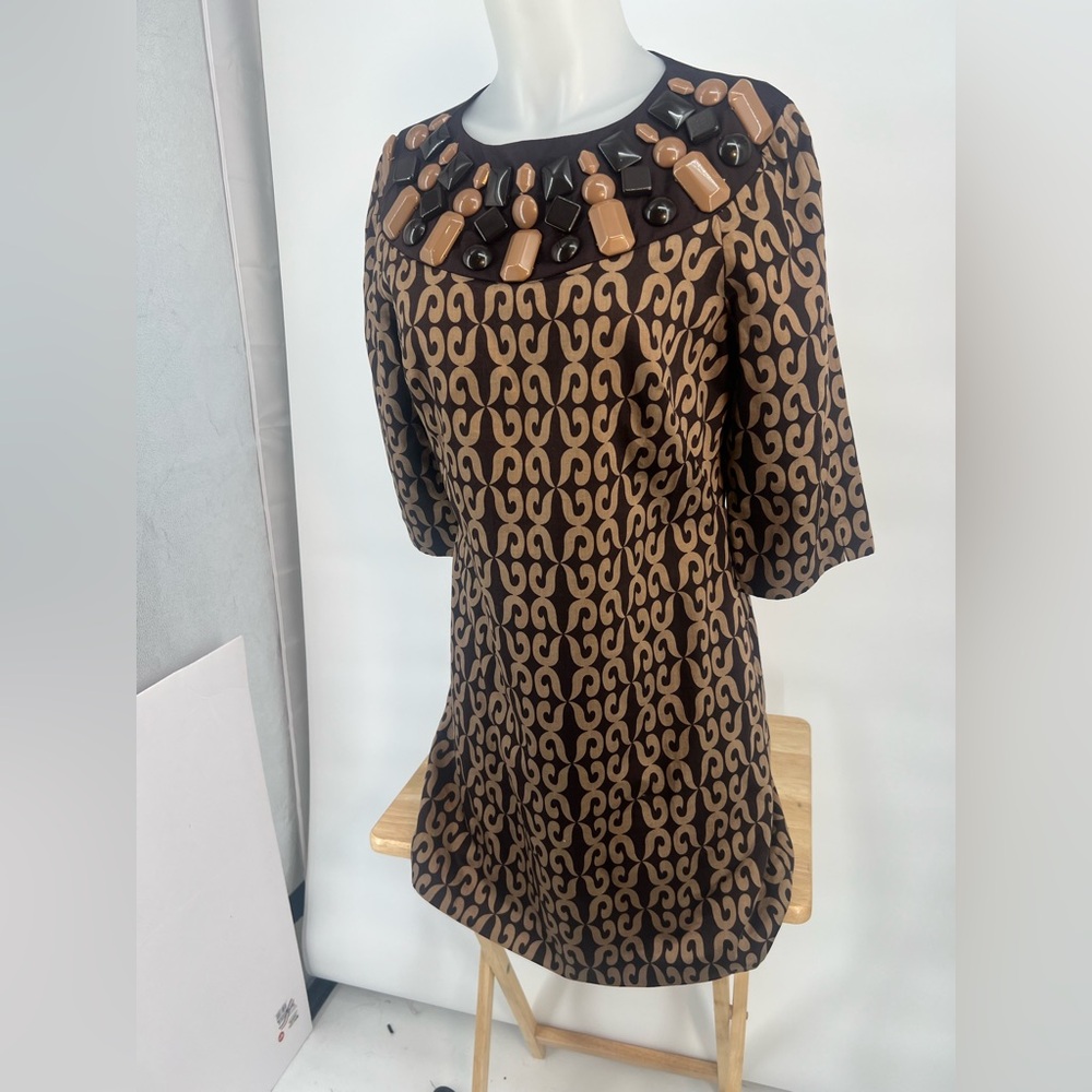 Milly of New York Brown Silk Trim Embellished Neck Dress Sz 8 Statement - Picture 16 of 16